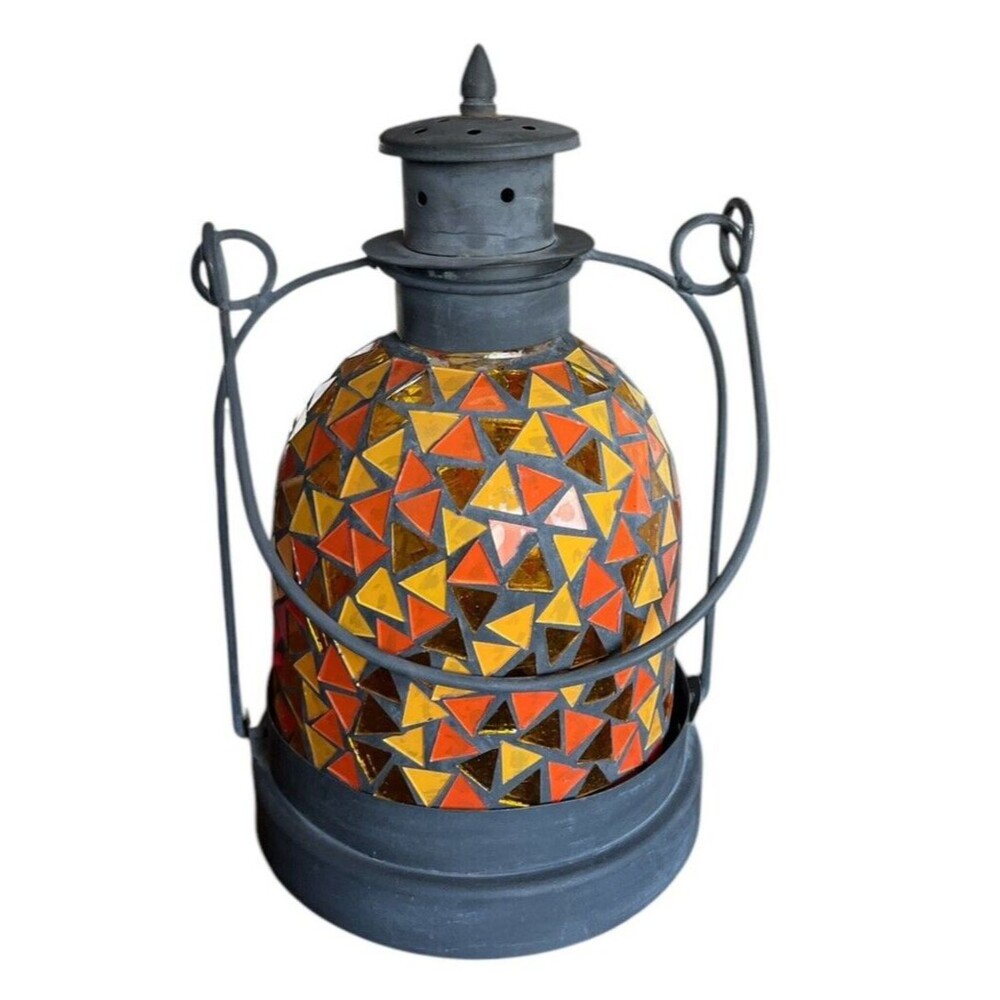 Mosaic Glass Lantern Garden Patio Candle Holder  Metal Handle 10”